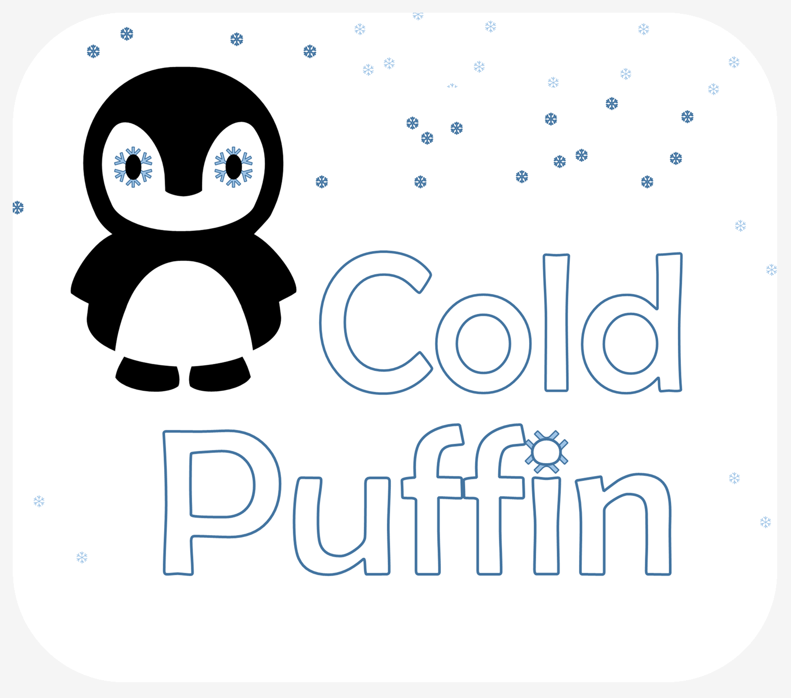 Puffin being snowed on standing next to Cold Puffin logo text