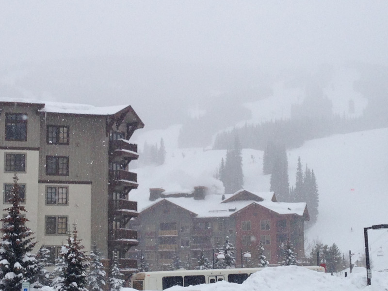 Ski resort while snowing.