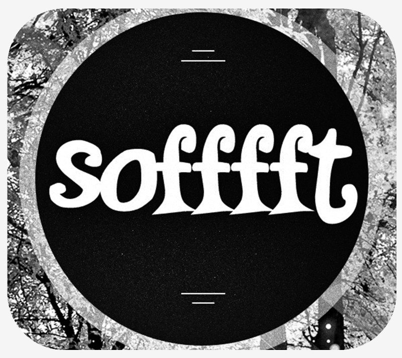 black and white circular sofffft organization logo with trees in background
