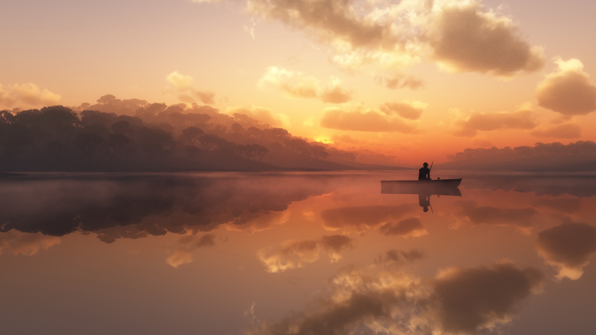 Man out on a boat in the distance over nice sunset