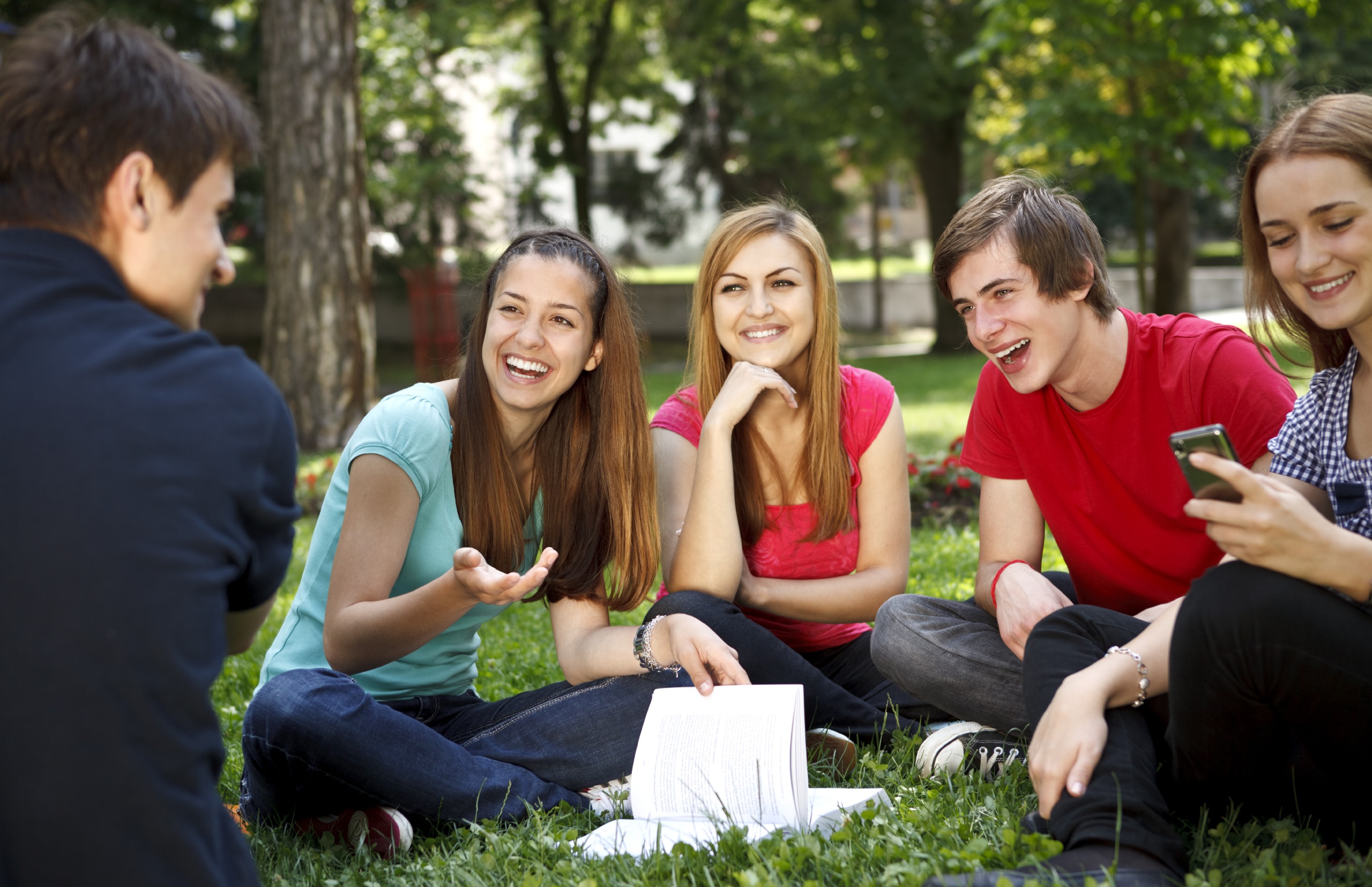 Girls and guy socializing in a circle over grass during the day
